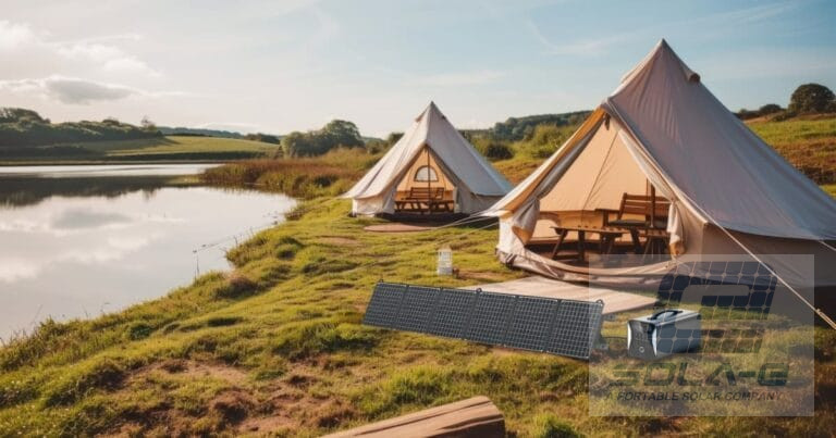 Sola-E lightweight foldable portable solar panel used off-grid camping and outdoor power at a sunny campsite