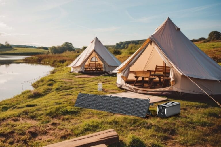 Sola-E ultra-light portable foldable solar panel charging devices at an outdoor campsite.