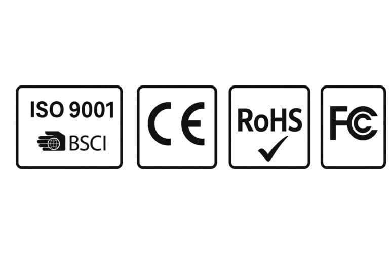 Image displaying logos for Sola-E quality and compliance certifications, including ISO 9001, BSCI, CE Mark, RoHS, and FCC.