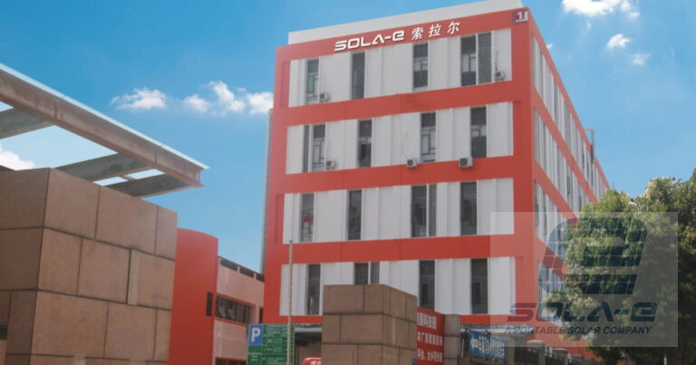 Exterior view of the Sola-E solar panel manufacturing facility in Dongguan, China.