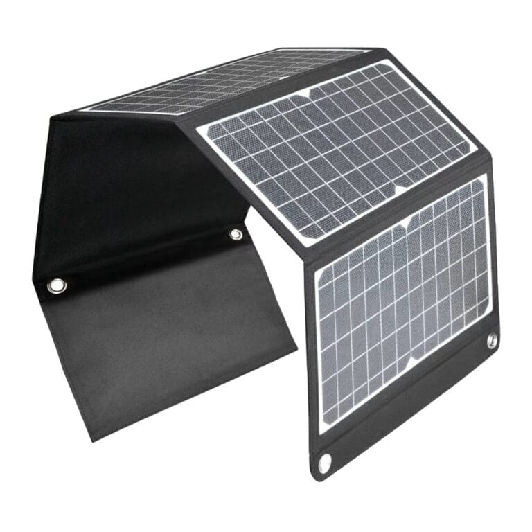 Unfolded 30W portable solar panel with high-efficiency Sunpower cells.