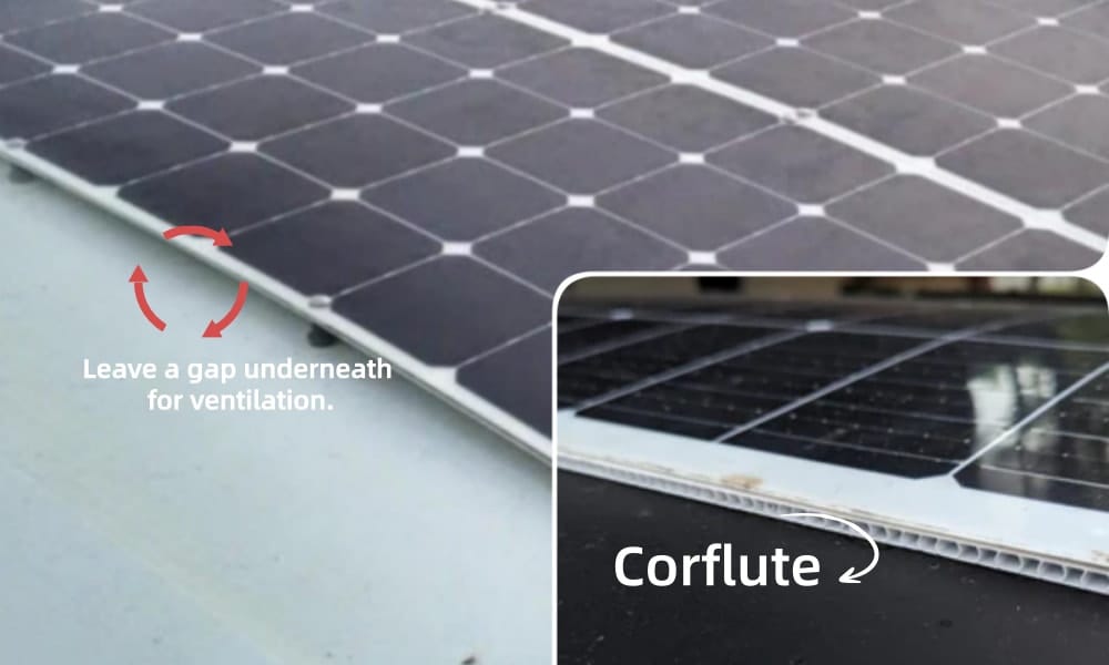 A diagram showing the correct way to install flexible solar panels; the correct way uses an air gap to allow airflow and prevent overheating.