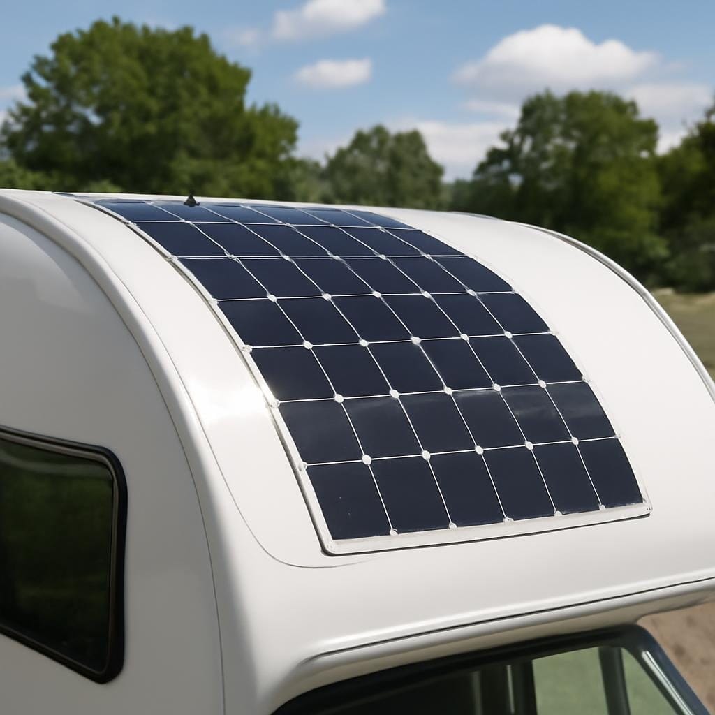 Sola-E's durable ETFE flexible solar panel installed perfectly on an RV, demonstrating its anti-micro-crack and weather-resistant solution.