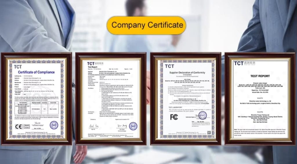Display of Sola-E's ISO 9001, CE, RoHS, and FCC certifications, verifying compliance and quality standards.