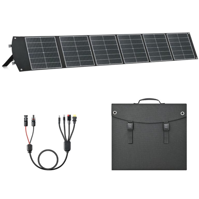 Fully unfolded view of the Sola-E UC-200 200W portable solar panel, featuring 4 High-Efficiency PERC Mono-Crystalline Cells for maximum power output.