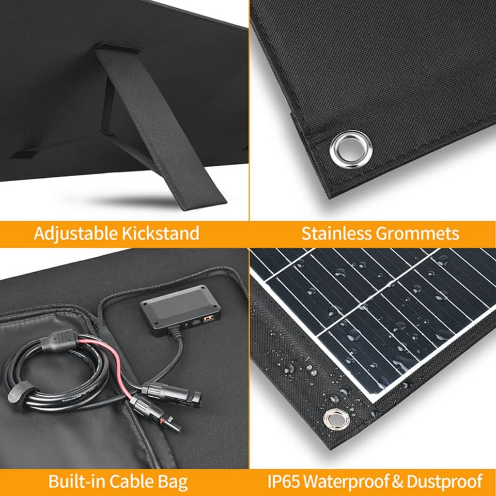 Close-up of the UC-200 charging hub with dual output ports (USB & 20V DC), stored securely in the built-in mesh pocket.