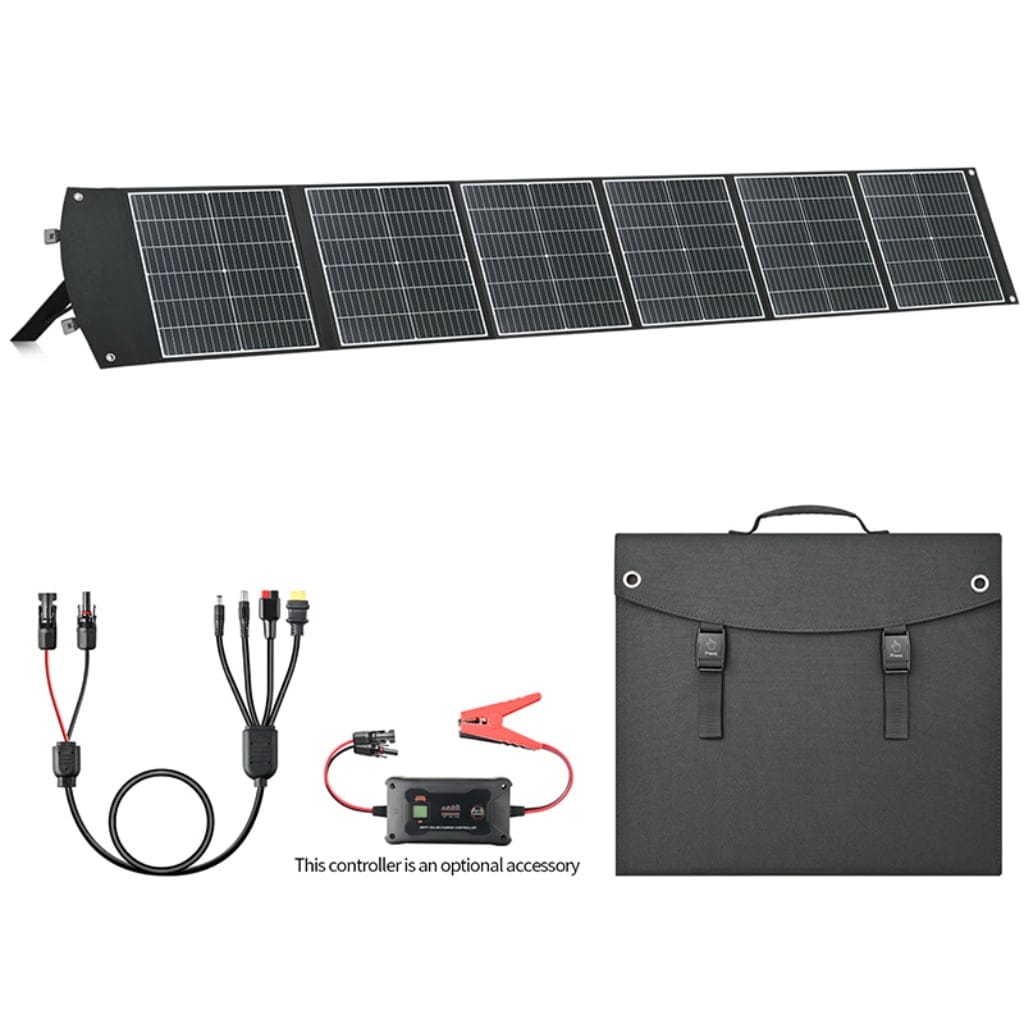 The Sola-E UC-200 solar charger folded into a compact, lightweight briefcase with a rugged handle, ready for outdoor transport.