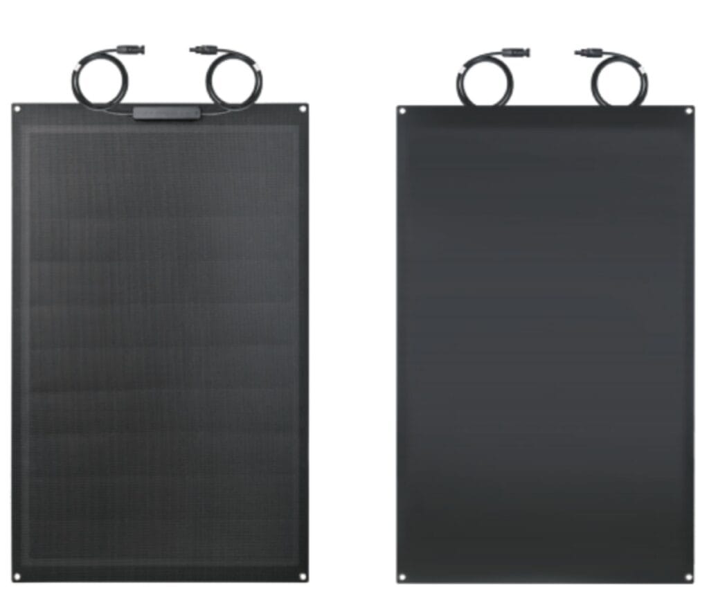 A single image showing both the front (high-efficiency cells) and back (waterproof junction box) of the Sola-E USF-110H flexible solar panel.
