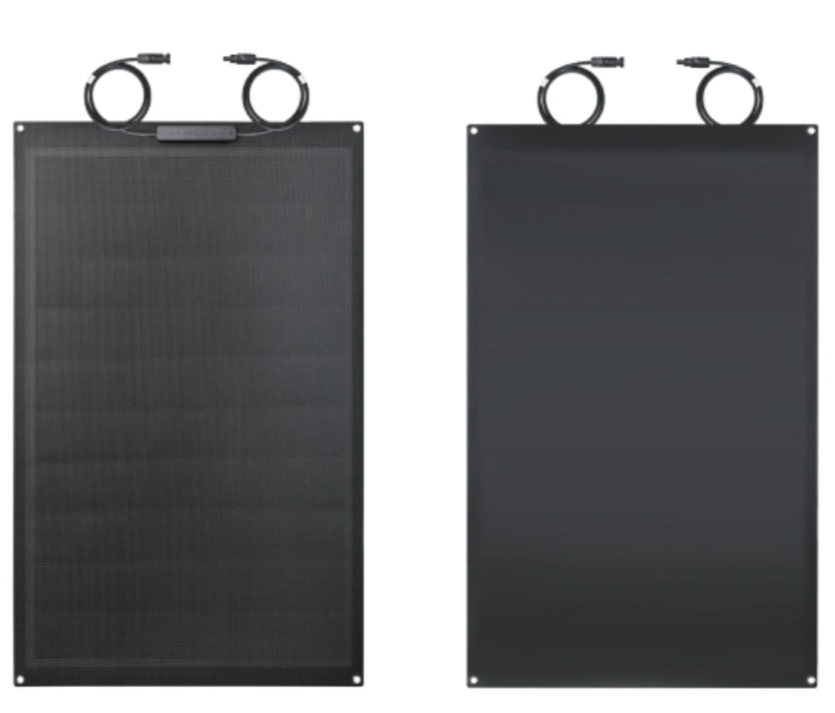A single image showing both the front (high-efficiency cells) and back (waterproof junction box) of the Sola-E USF-110H flexible solar panel.