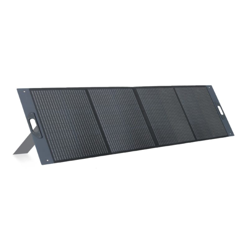 Portable 4-panel foldable solar panel unfolded and standing on built-in kickstands against a plain white background.