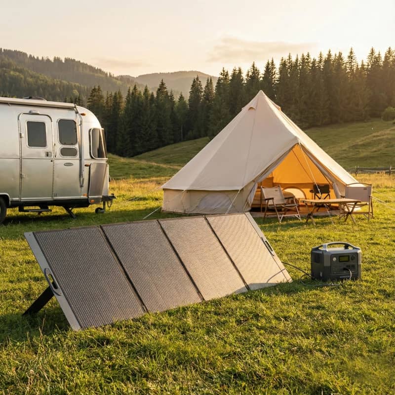 Foldable 400W solar panel set up on grass, angled towards the sun to charge a portable generator for RV & camping.
