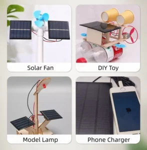 Wide application examples of custom small solar panels, including powering mini solar fans, DIY educational toys, wooden electric car kits, and portable mobile chargers.
