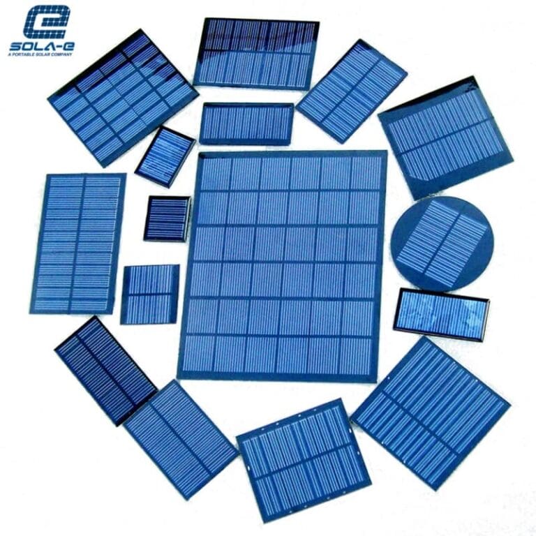 A diverse collection of custom OEM mini solar panels built on rigid FR4 fiberglass, showing various shapes (round, square), black and white backgrounds, and mixed PET/Epoxy finishes for 5V applications.