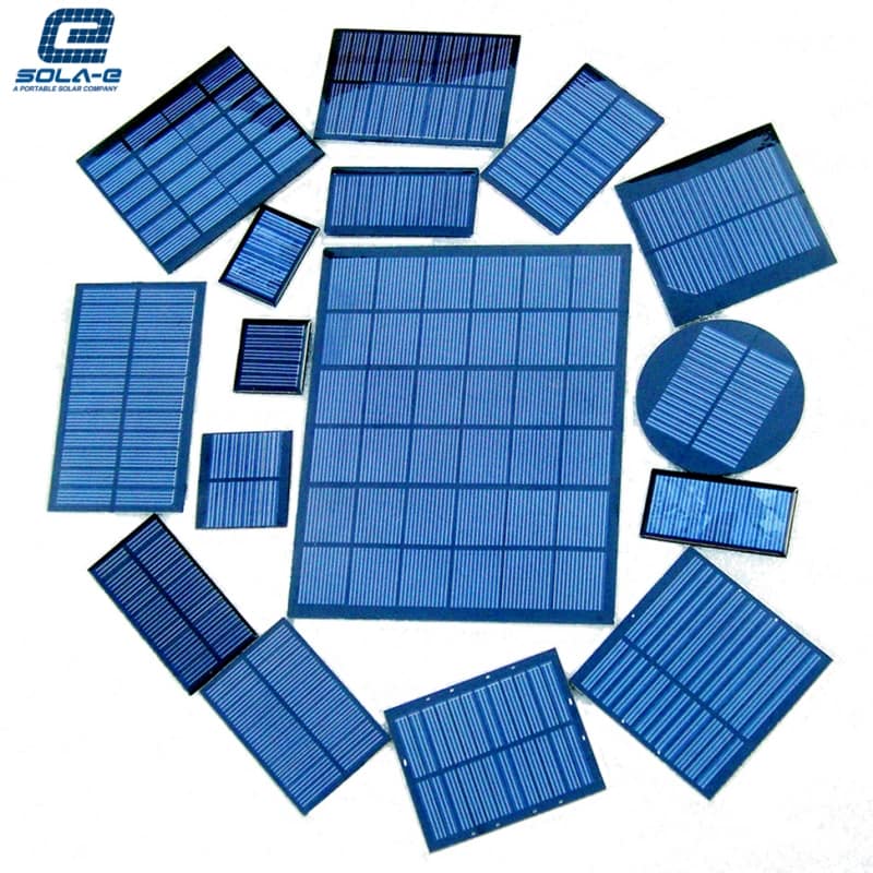 A diverse collection of custom OEM mini solar panels built on rigid FR4 fiberglass, showing various shapes (round, square), black and white backgrounds, and mixed PET/Epoxy finishes for 5V applications.