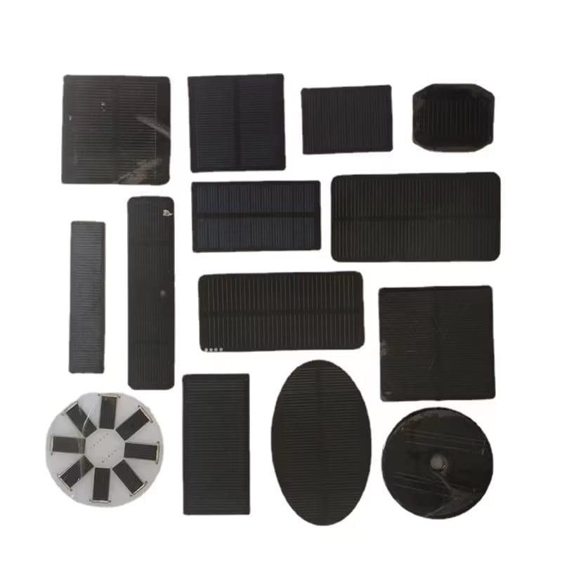 A diverse collection of custom OEM mini solar cells showing various shapes (round, square), black and white backgrounds, and mixed ETFE/PET/Epoxy finishes for 5V applications.