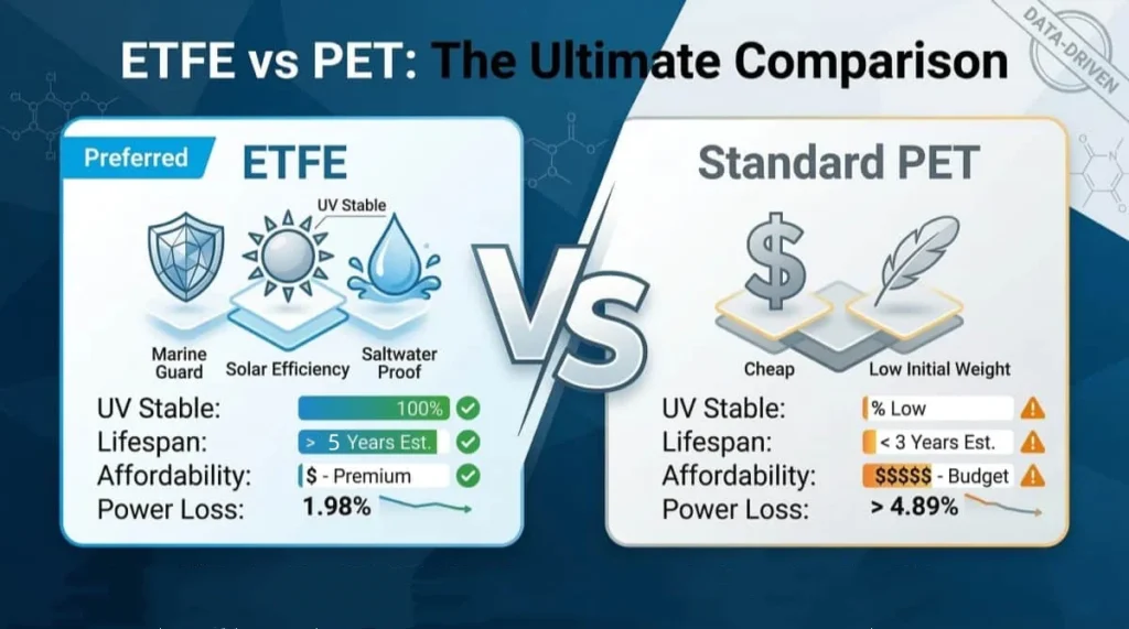 An infographic comparing ETFE vs PET solar panels based on UV resistance, lifespan, and cost. It shows ETFE with high durability for marine use and PET as a cost-effective option for short-term projects.