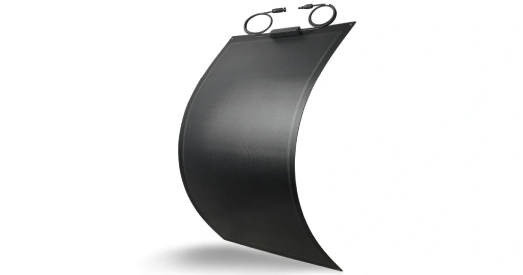 Flexible solar panel demonstrating bending radius for curved surface installation.