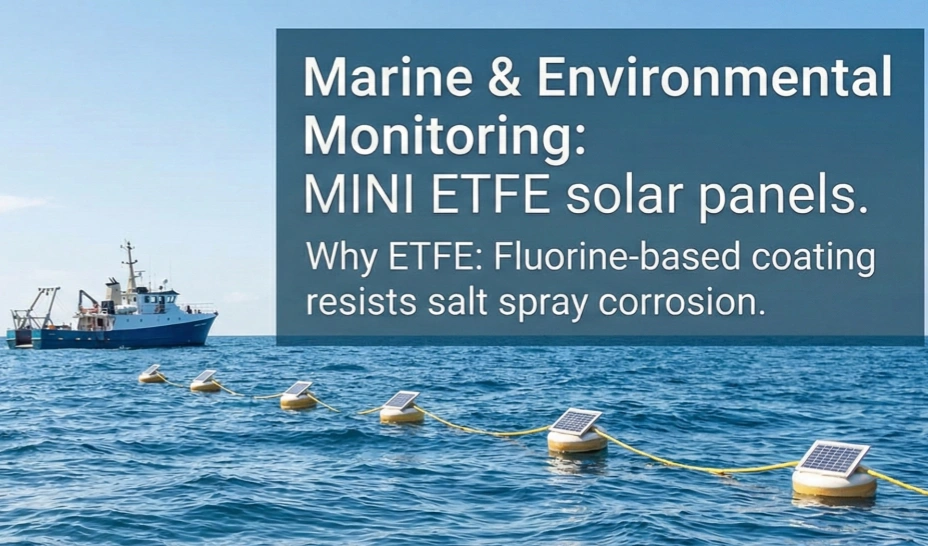 Ocean data buoys and water quality sensors powered by mini ETFE solar panels, illustrating corrosion resistance against salt spray for reliable marine environmental monitoring.