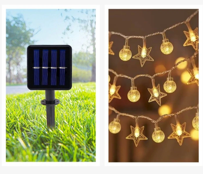 OEM mini solar panel integrated into an outdoor garden lawn light and powering decorative string lights. Demonstrates reliable low-voltage charging for LED landscape lighting.