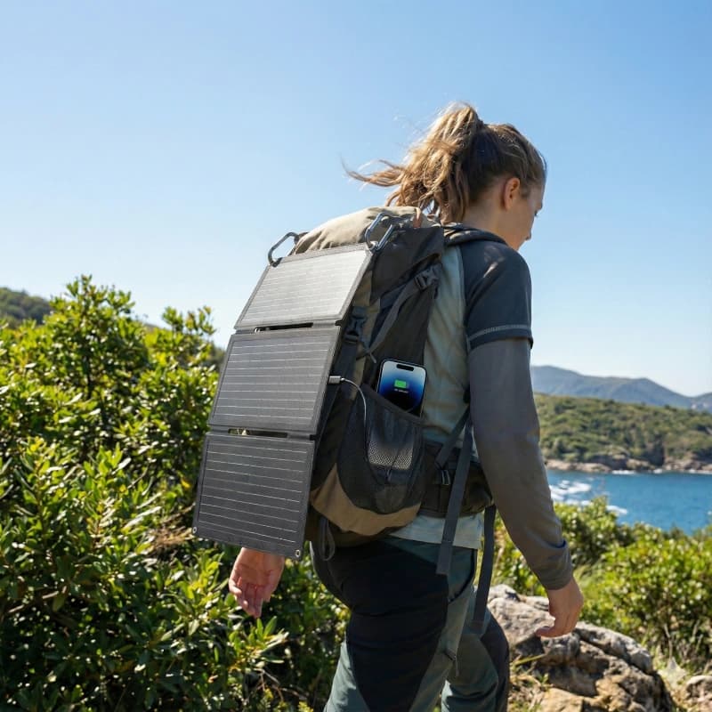 Hiker carrying a backpack with a foldable solar panel attached using carabiners, charging a smartphone via Type-C cable on a sunny trail.
