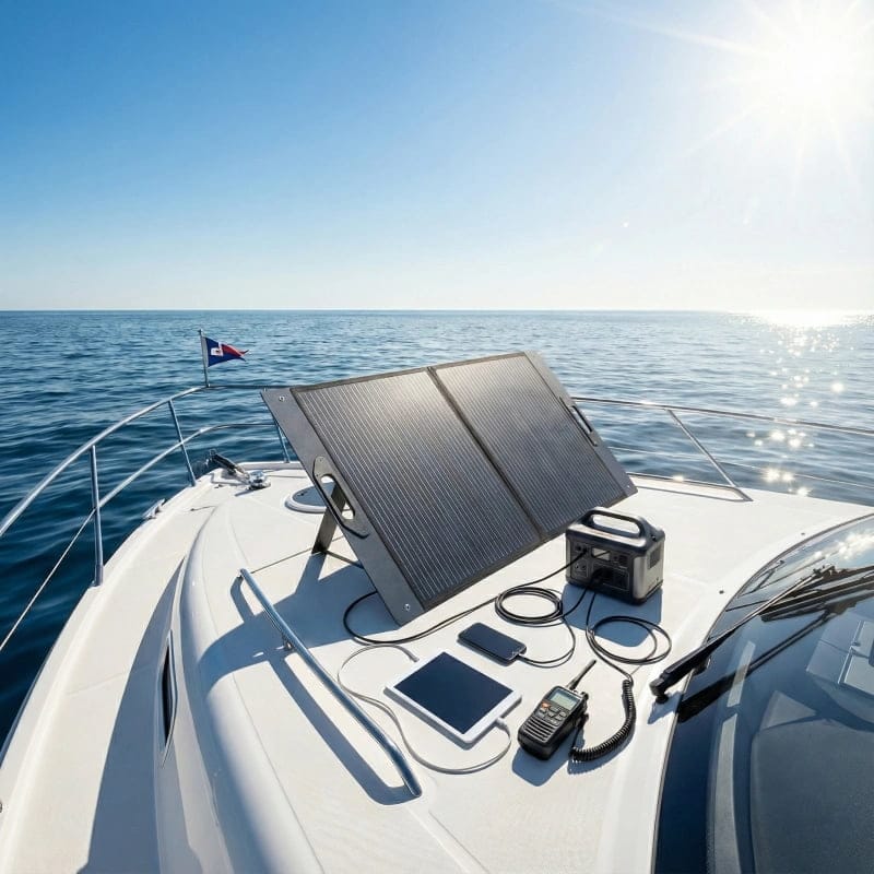 Portable solar charging solution for marine use: sleek foldable solar panel positioned on a boat deck facing the sun, with inset showing folded compact state.