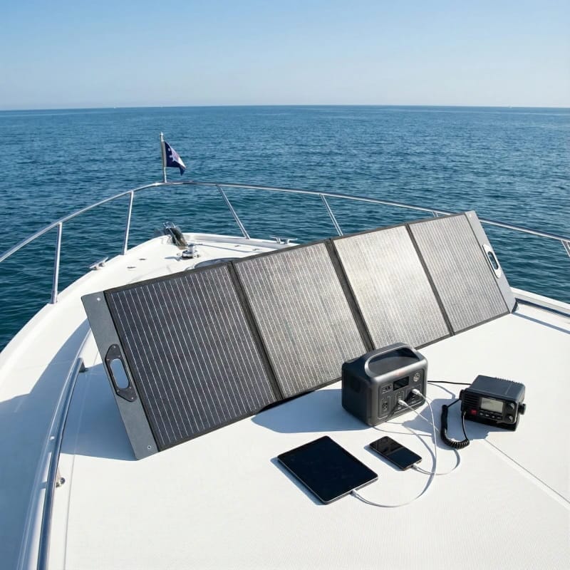200W foldable solar panel unfolded on a yacht deck, actively charging a power station under bright sunlight from the left.