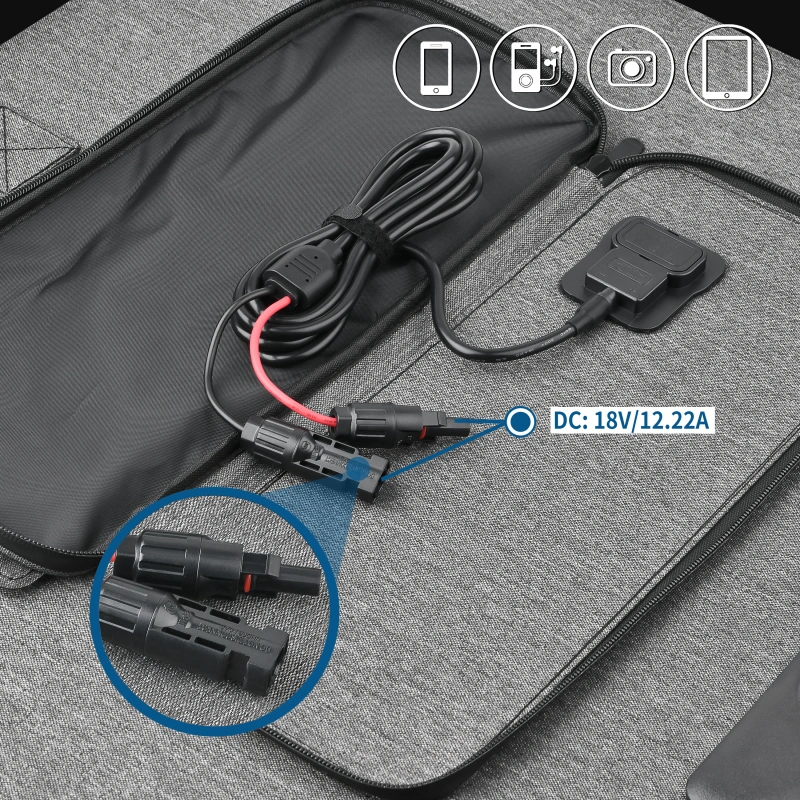 Technical details of the UT-220H solar panel, featuring folded and unfolded dimensions on the left and a close-up of the MC4 and adapter cables in the storage pocket on the right.