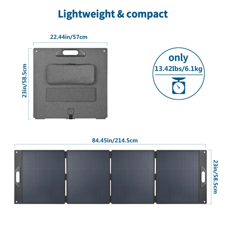 Product overview of the UT-220H solar charger, displaying the unit folded, the back kickstands, the carrying case, and the dimension of the full unfolded setup.