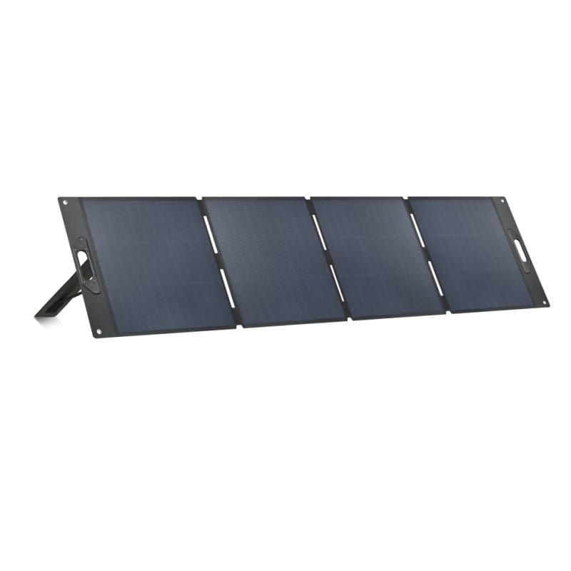 The UT-220H 4-panel foldable solar charger unfolded and standing on its integrated kickstands, showing the dark grid texture of the photovoltaic cells.