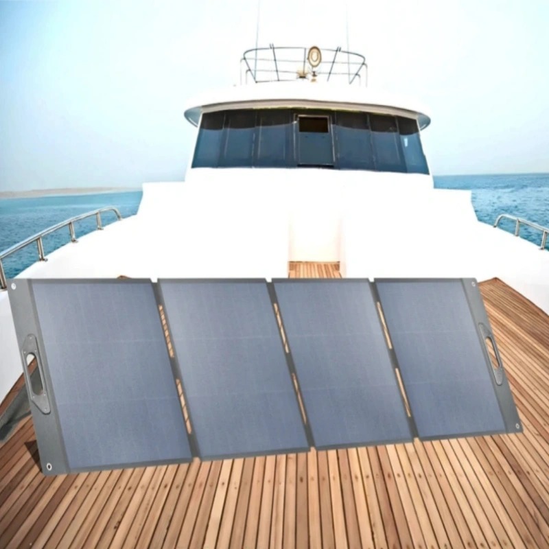 UT-220W marine solar panel installed on a yacht stern rail, generating clean power at sea.