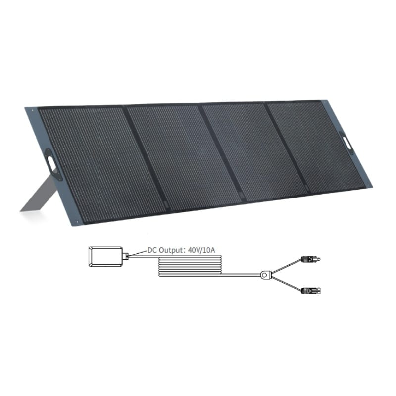 Rear view of the 400W foldable solar panel showing the adjustable kickstands and cables.