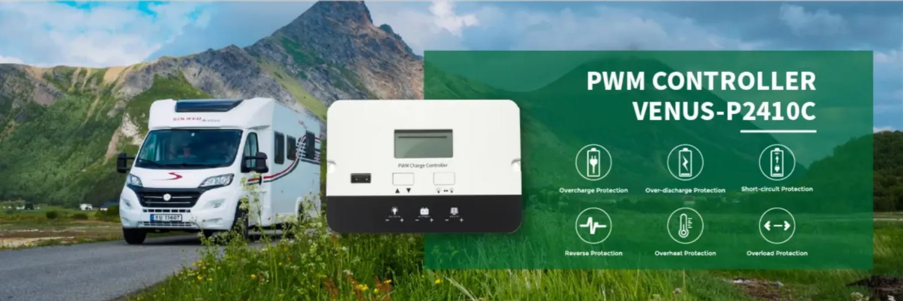 LCD display interface of 10A PWM solar regulator showing real-time voltage for 12V system applications.