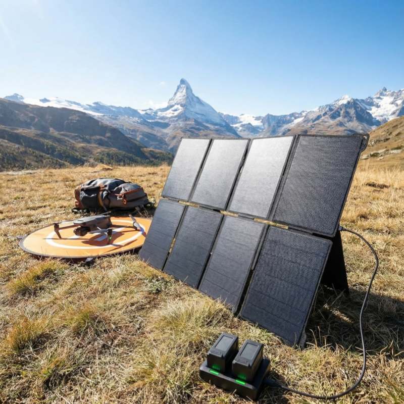 An unfolded 8-panel 45W portable solar charger in a sunny alpine meadow, actively charging DJI Mavic 3 batteries via a hub. The drone and landing pad are nearby with mountains in the background.