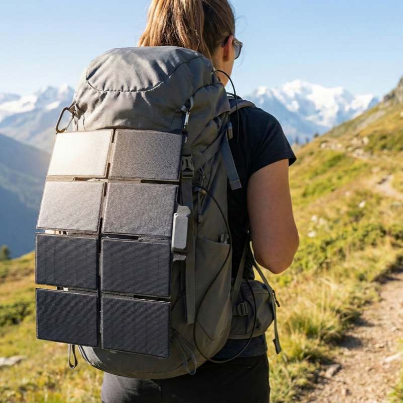 Rear view of a hiker on a trail, wearing a backpack with the lightweight, unfolded 8-panel 45W solar charger securely attached via carabiners to absorb sunlight while moving.