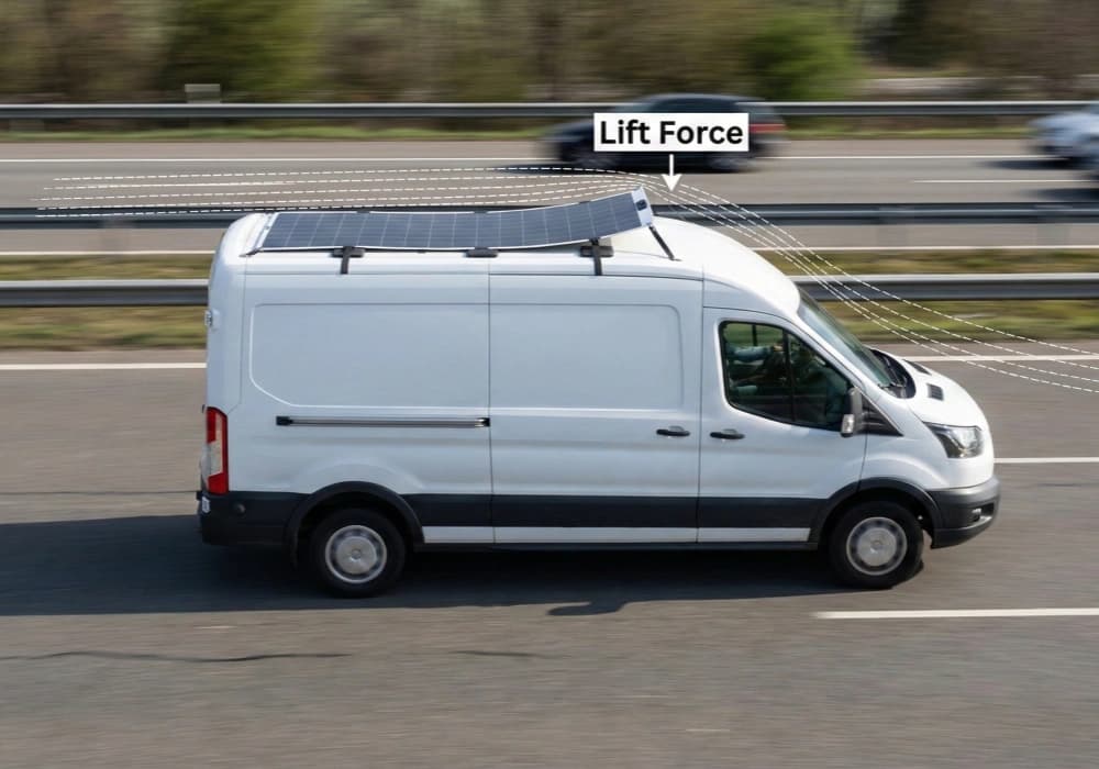 Wind lift risk when flexible solar panels are temporarily mounted on vehicles at highway speed