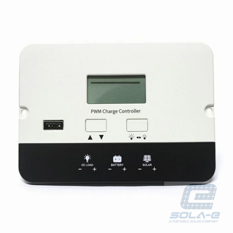 Front view of P2410C flush mount solar regulator featuring LCD display and USB output port.