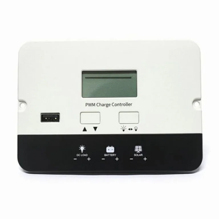 Front view of P2410C flush mount solar regulator featuring LCD display and USB output port.