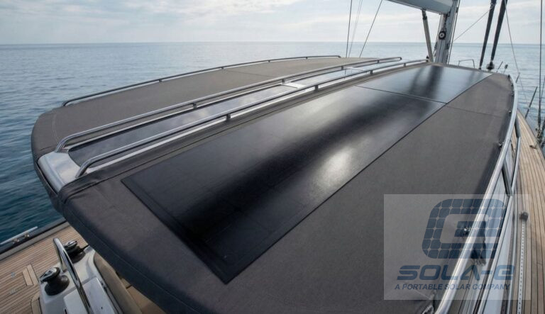 Flexible marine solar panel integrated into a yacht Bimini top, featuring an all-black HPBC design for onboard power generation