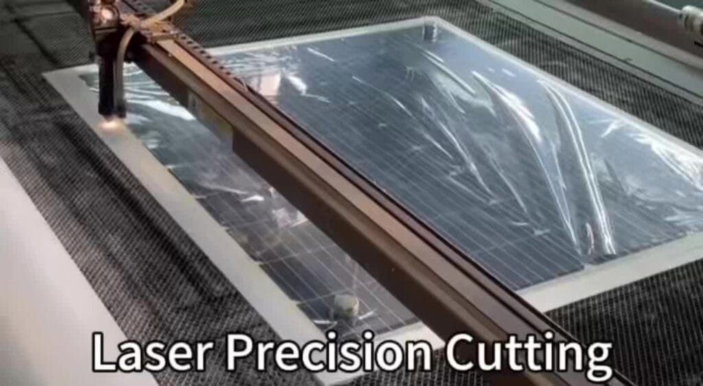 Precision laser cutting process for custom shaped flexible solar panels at Sola-e factory.