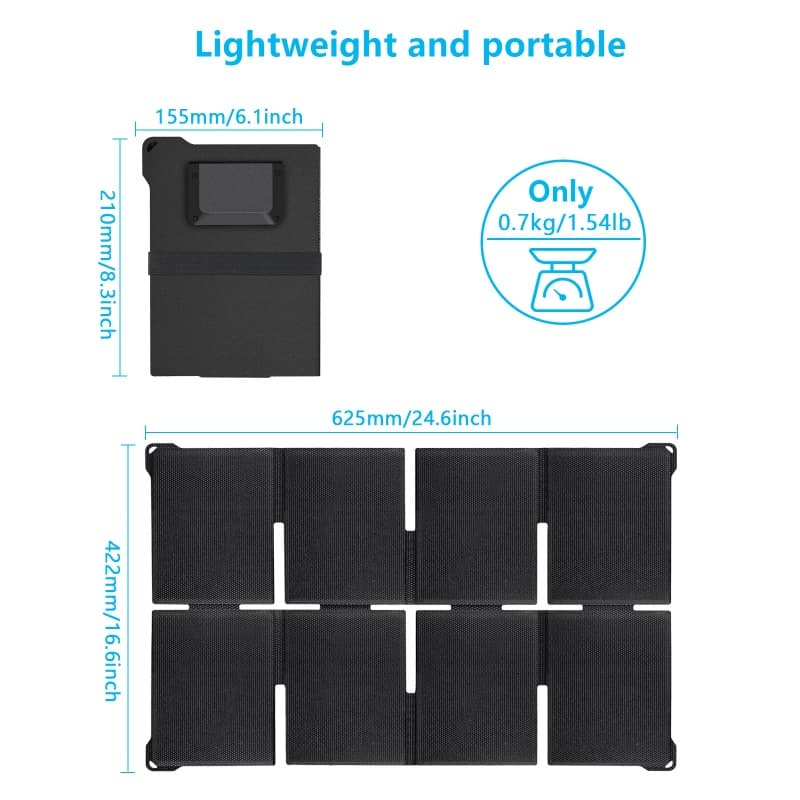 Dimensions diagram of UT-45W solar charger showing compact folded size and 0.7kg ultra-lightweight design.