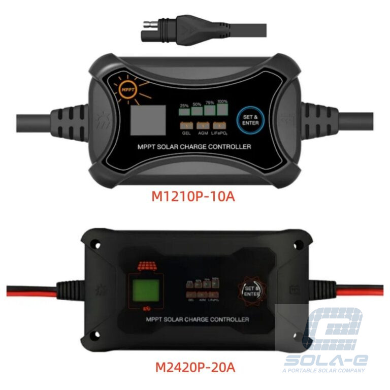 M-Series MPPT Solar Charge Controllers: M1210P (10A) and M2420P (20A) models with LCD screens for portable solar power systems.