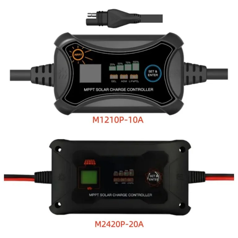 M-Series MPPT Solar Charge Controllers: M1210P (10A) and M2420P (20A) models with LCD screens for portable solar power systems.