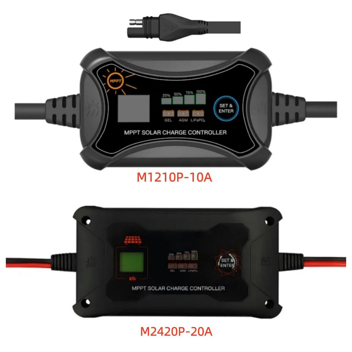 M-Series MPPT Solar Charge Controllers: M1210P (10A) and M2420P (20A) models with LCD screens for portable solar power systems.