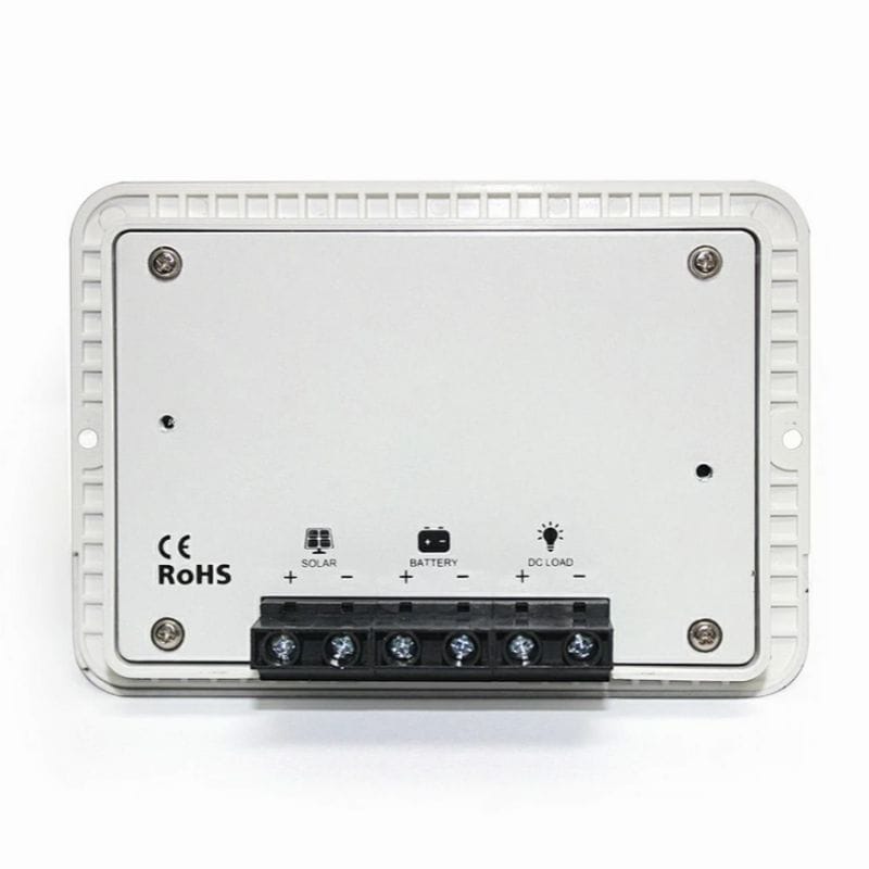 Wiring interface for P2410C negative ground controller showing battery, PV, and load terminals.
