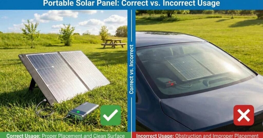 Correct vs incorrect usage of portable solar panels showing proper outdoor charging versus misuse behind glass or stepping on panels