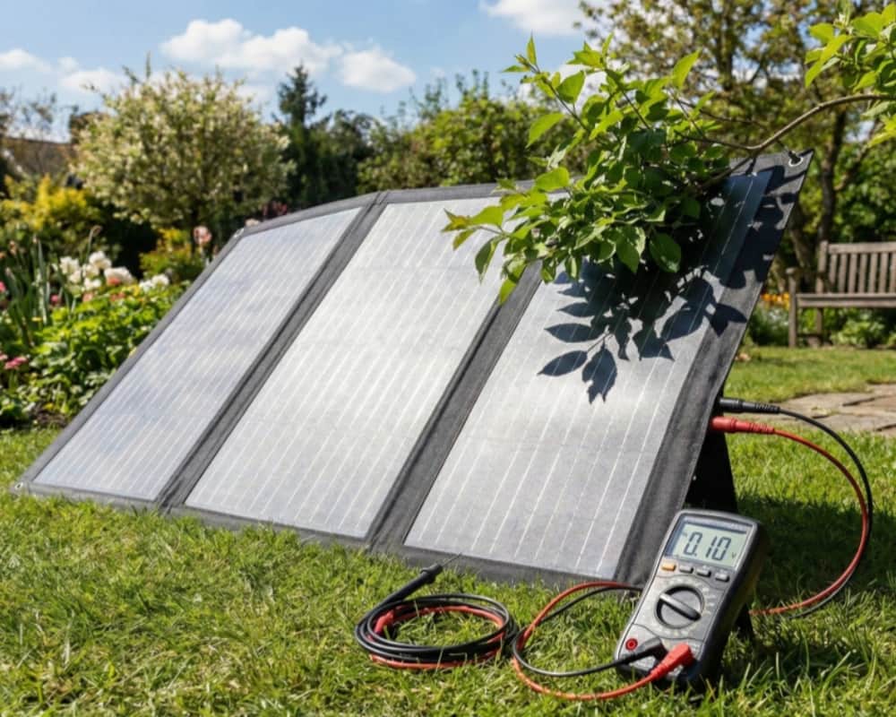 Partial shading on a portable solar panel charger, where a small leaf blocking one corner of the panel causes a sharp drop in power output