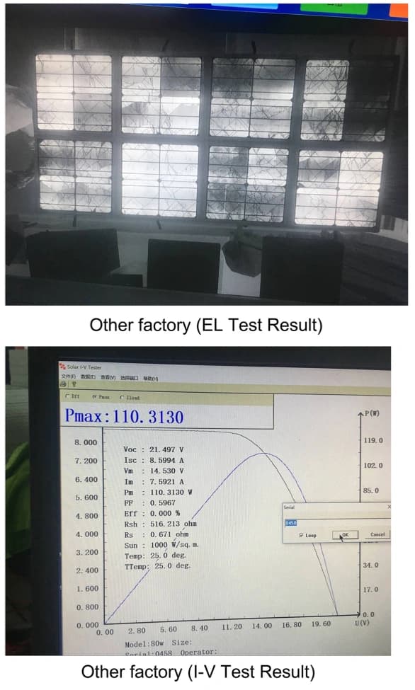 EL electroluminescence test image showing micro-cracks inside flexible solar panel caused by point impact or walking