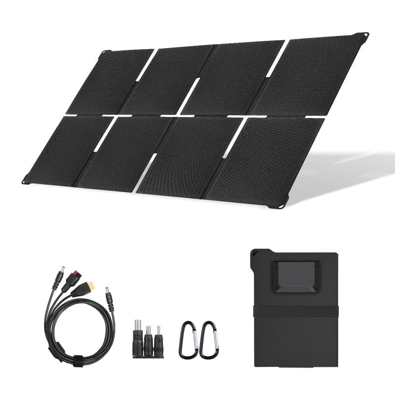 Complete kit of Sola-E UT-45W portable solar charger including DC cables, carabiners, and foldable panel.