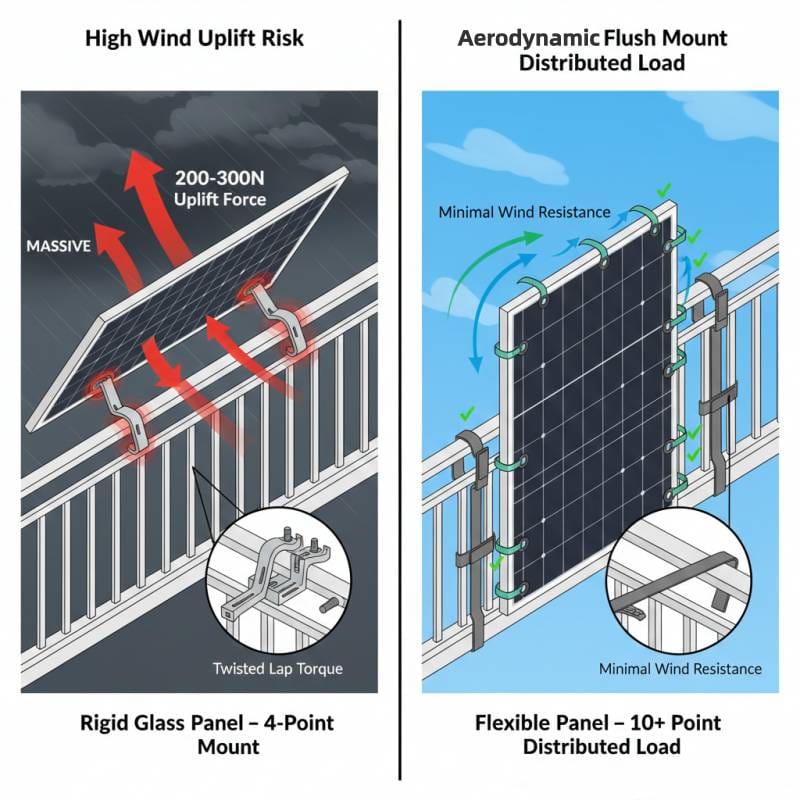 Diagram illustrating the sail effect: High wind uplift forces on tilted glass panels versus low wind resistance on flush-mounted flexible solar panels.