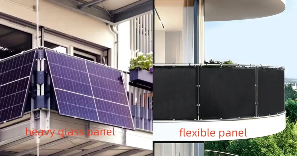 Comparison of dangerous heavy glass solar panels with bulky brackets versus safe Sola-E lightweight flexible solar panels installed on a balcony railing.